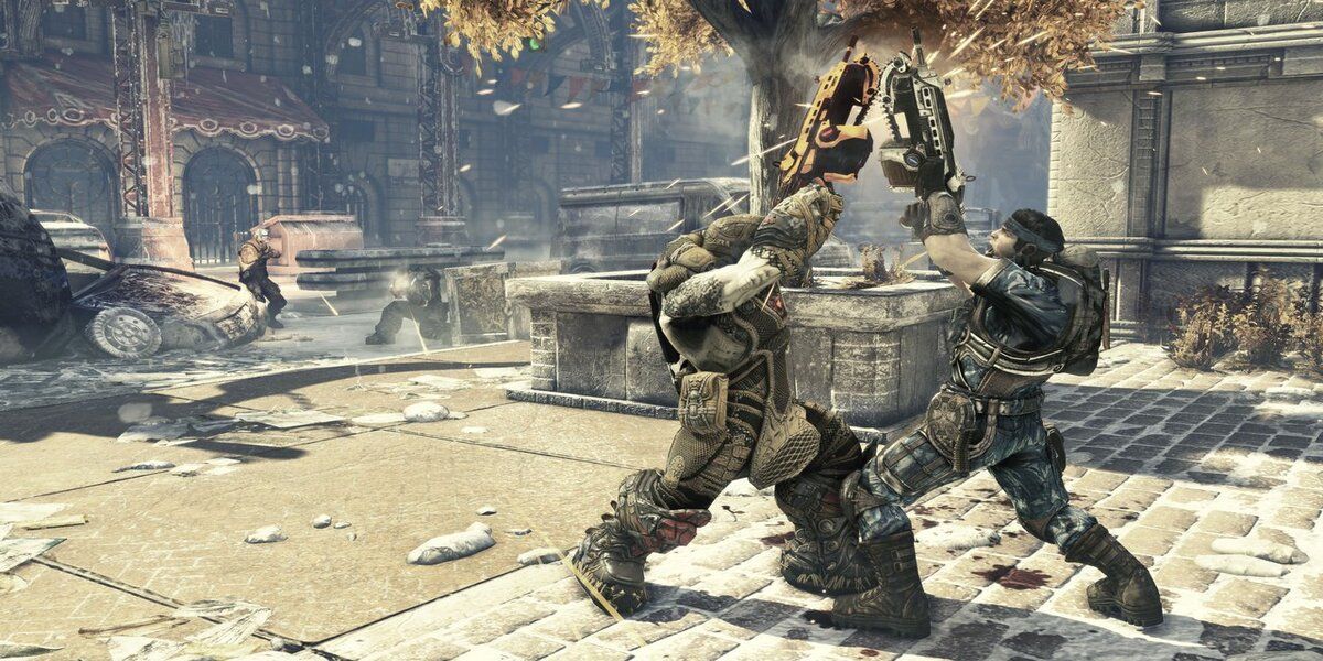 two characters battling with chainsaw guns in gears of war