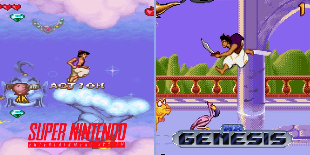 screenshots of aladdin one in a cloud area and one in a paalce