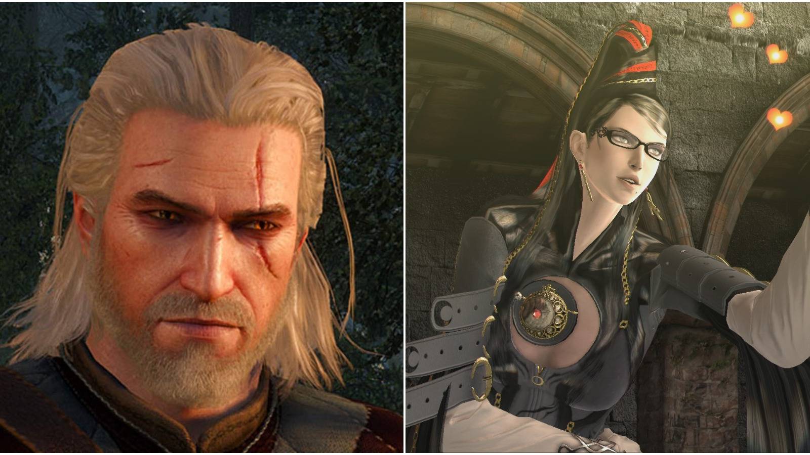 split image of geralt and bayonetta