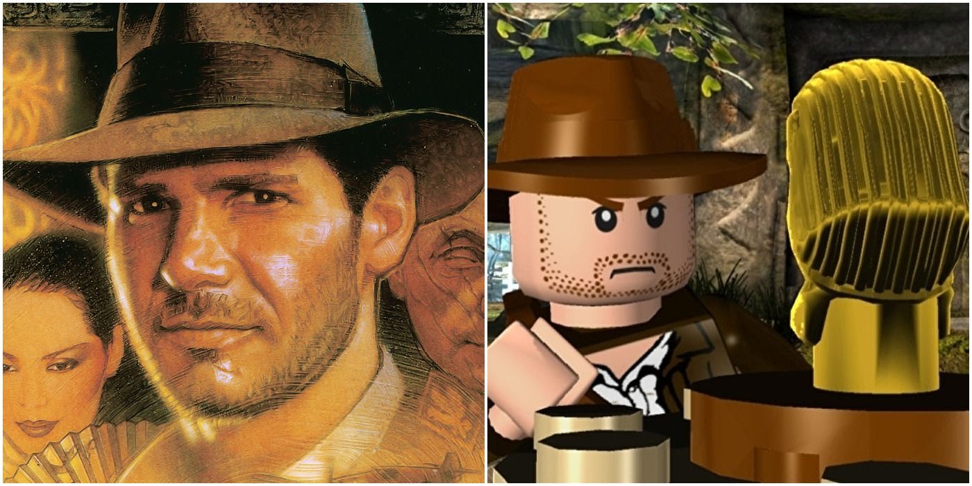 (Left) front cover of Indiana Jones and the Emperor's Tomb (Right) Lego Indiana Jones preparing to grab artefact