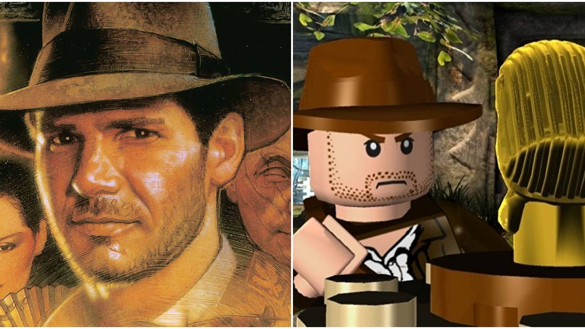 (Left) front cover of Indiana Jones and the Emperor's Tomb (Right) Lego Indiana Jones preparing to grab artefact