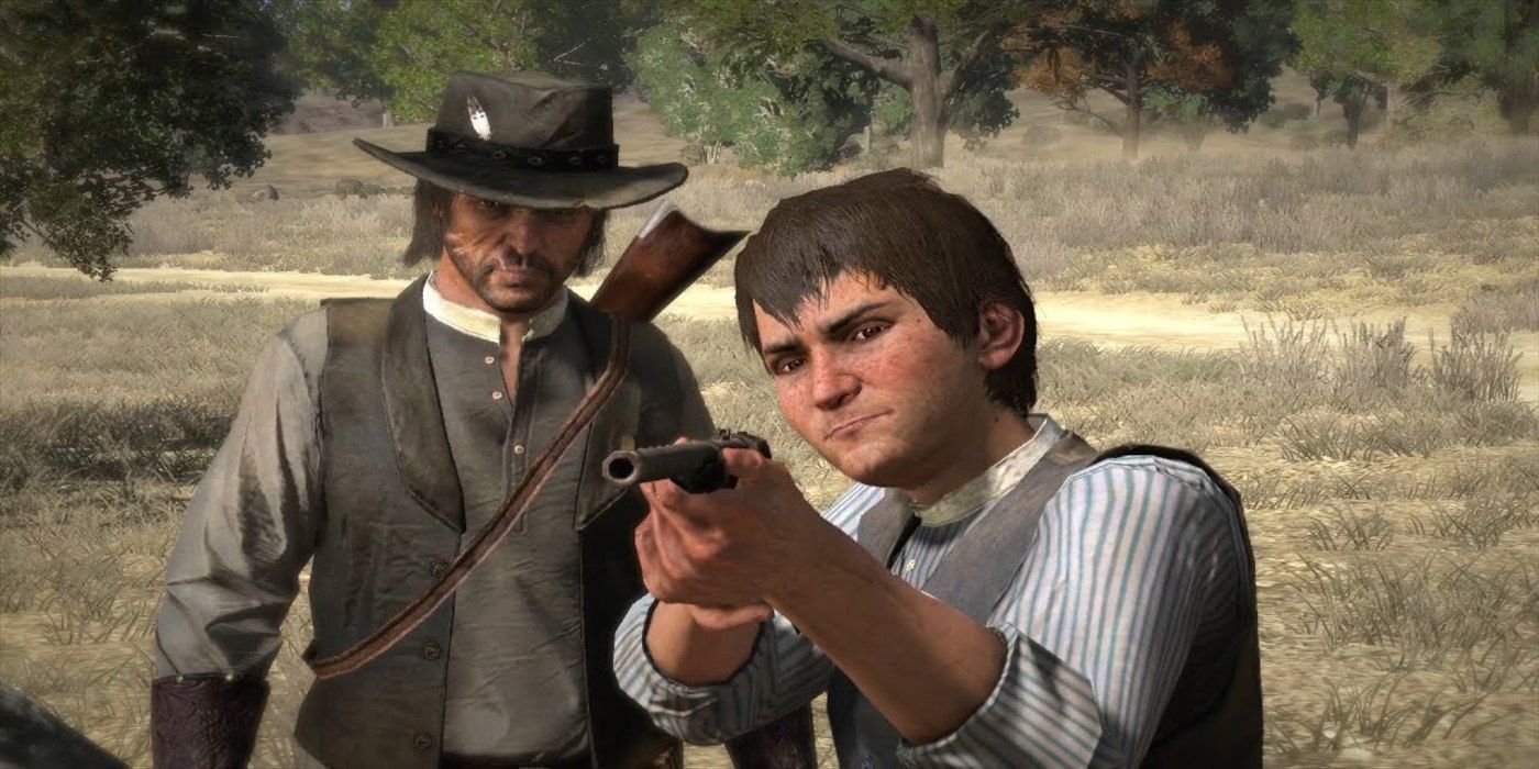 jack marston aiming gun with john behind him