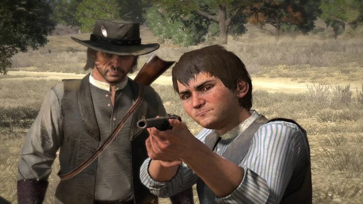 jack marston aiming gun with john behind him