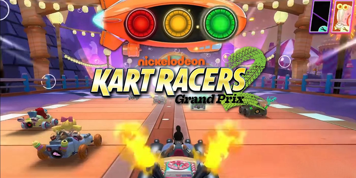Title: Kart Racers 2 Grand Prix. Fire blasts from the back of a driver's car as the race starts.