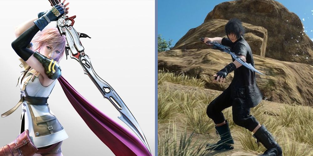 Lightning (Final Fantasy XIII) and Noctis (Final Fantasy XV) holding the Blazefire Saber