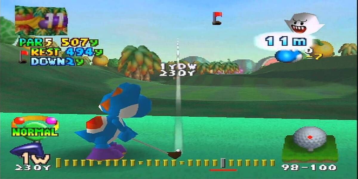 A blue Yoshi playing golf in Mairo Golf