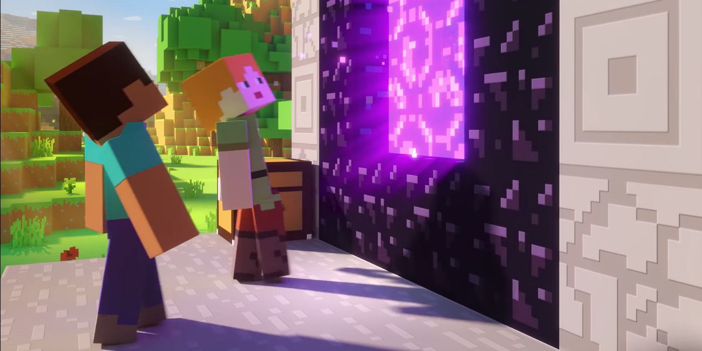 Steve and Alex prepare to jump into a nether portal in Minecraft.
