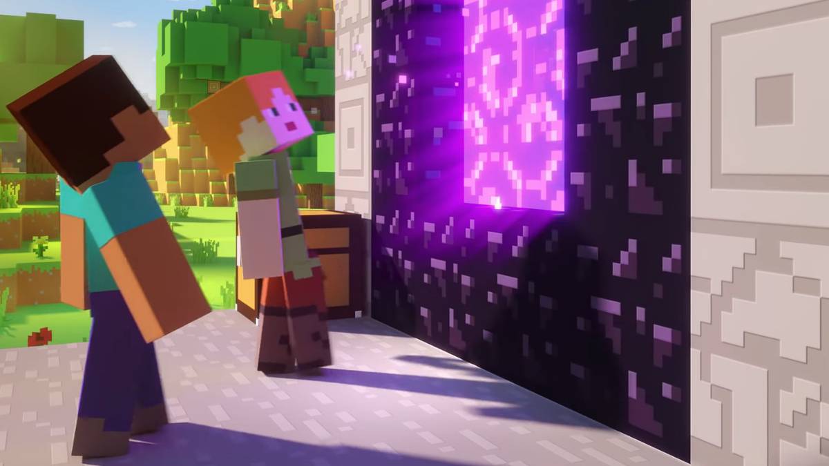 Steve and Alex prepare to jump into a nether portal in Minecraft.