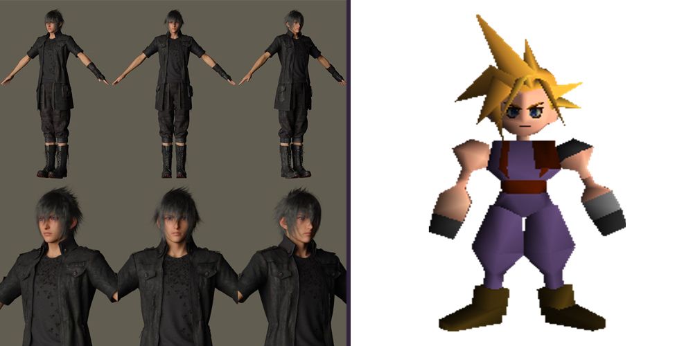 Noctis' character model from Final Fantasy XV compared with Cloud's from Final Fantasy VII