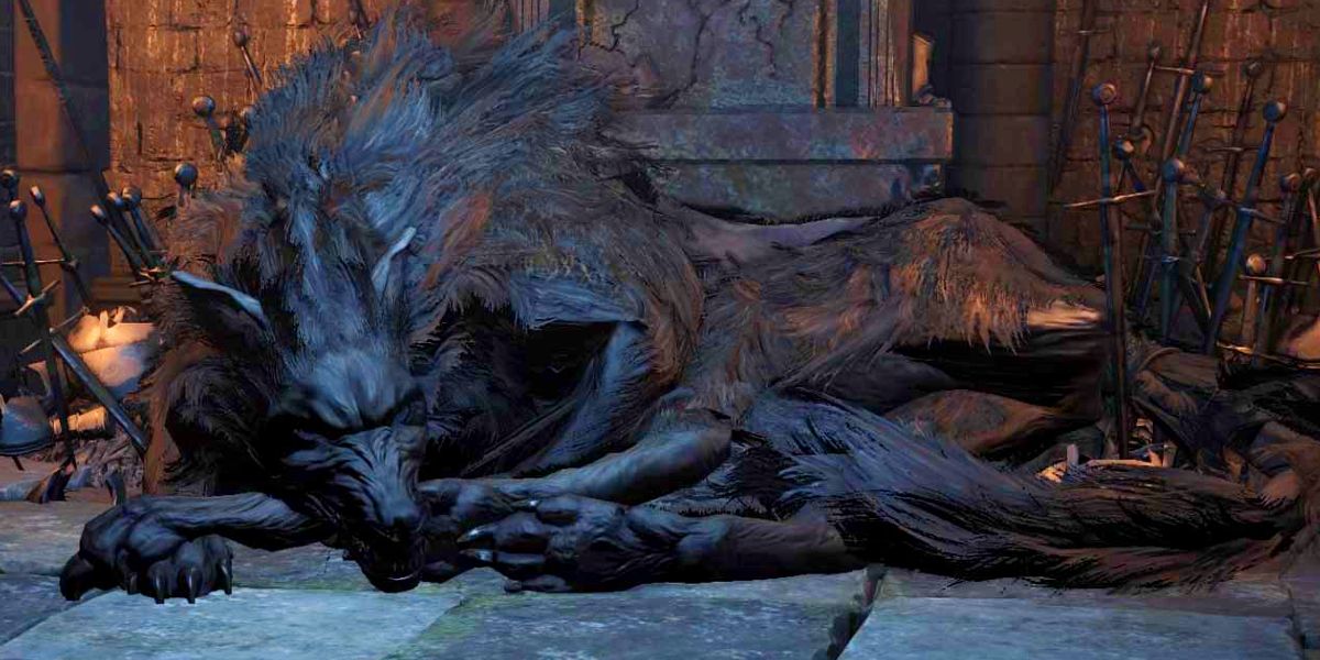 large wolf sleeping in a structure above farron keep's swamp.