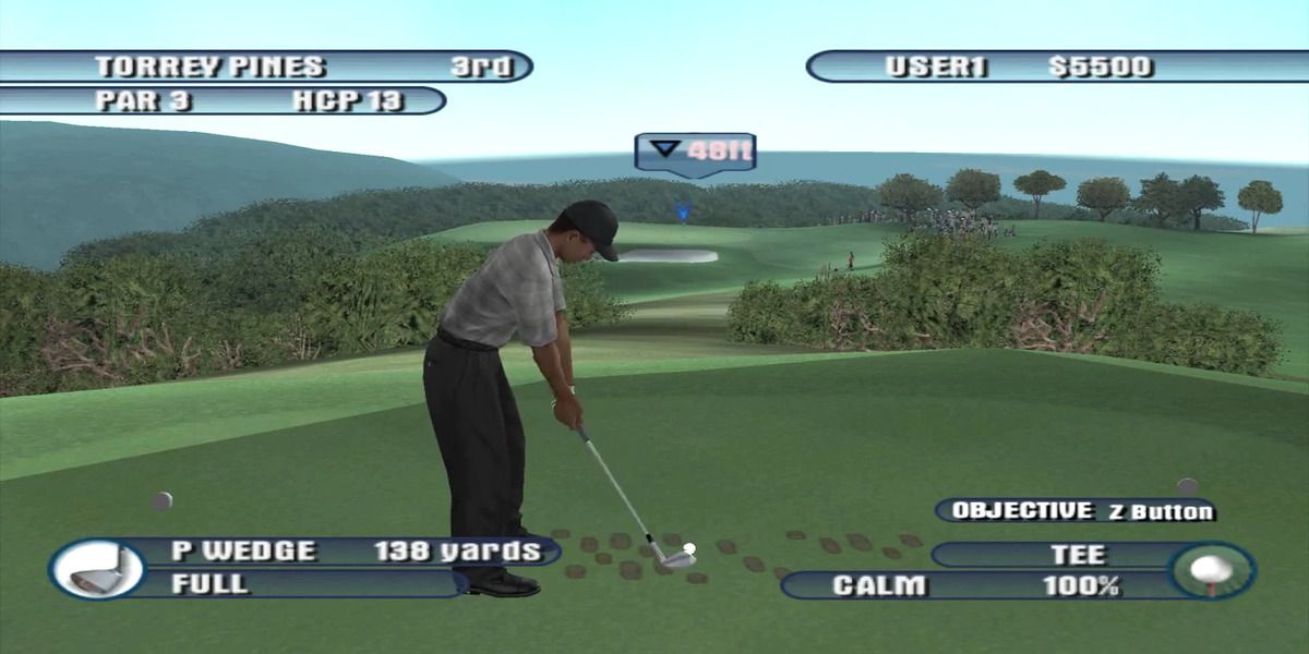 Tiger Woods about to drive a shot in PGA Tour 2003