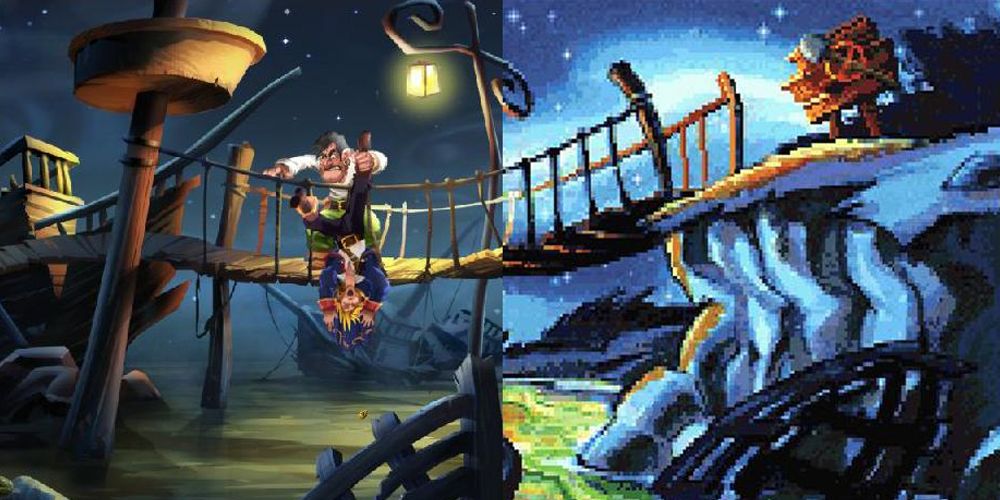 Monkey Island 2 - Guybursh being dangled off a bridge