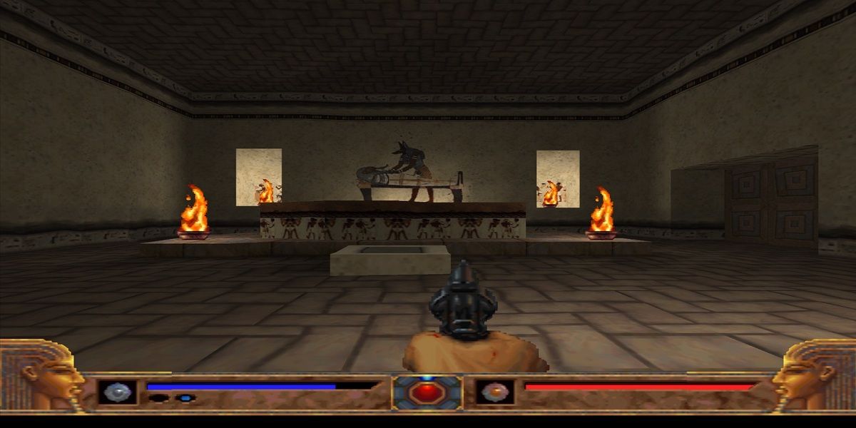 FPS view of aiming towards statue and flames