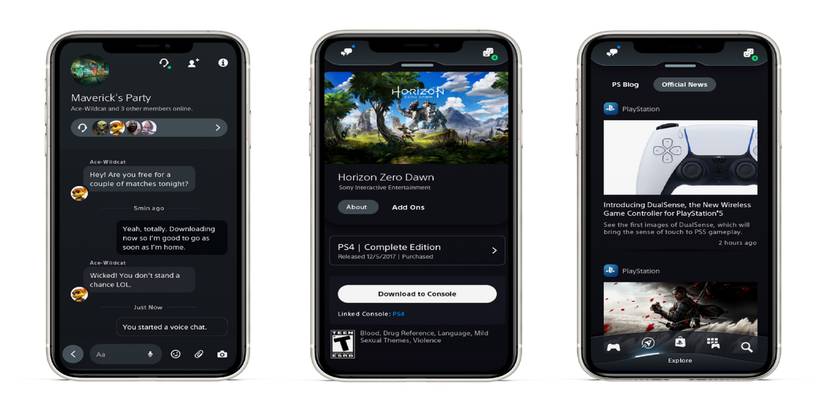 three mobile phones with playstation app