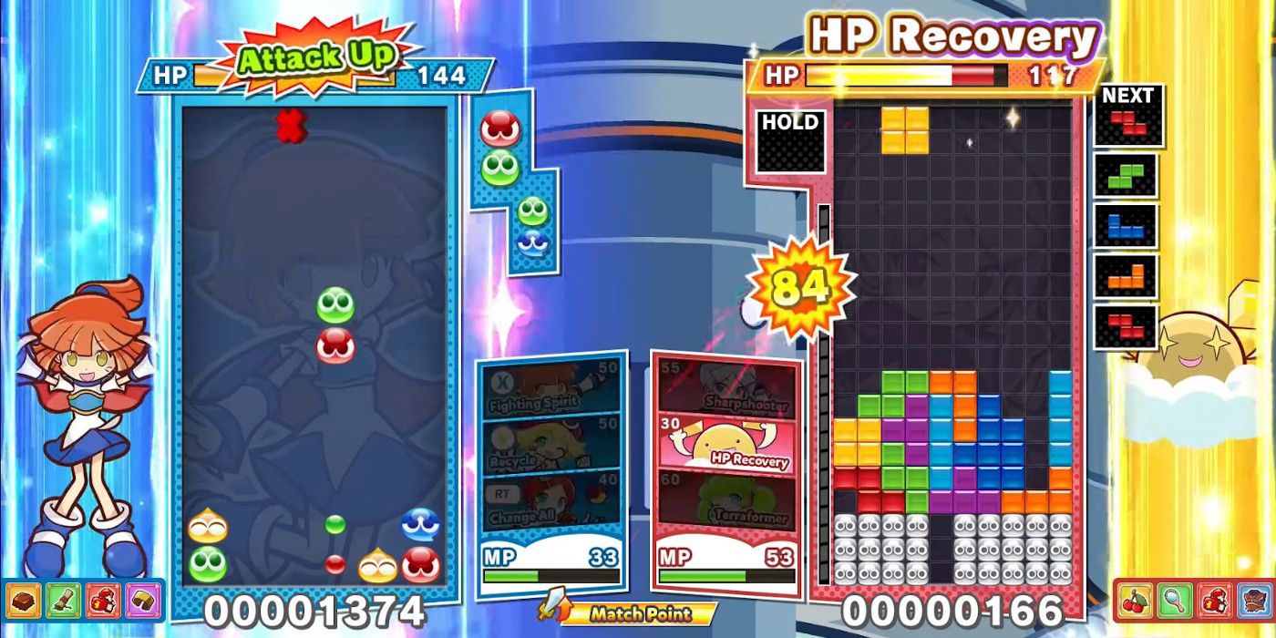Players in Puyo Puyo Tetris 2 activate skills to their advantage. Attack Up on the left, HP Recovery on the right.