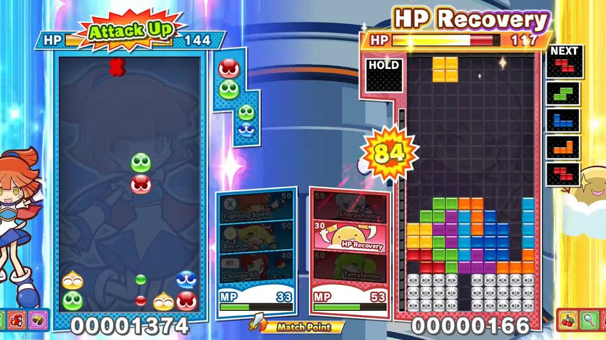 Players in Puyo Puyo Tetris 2 activate skills to their advantage. Attack Up on the left, HP Recovery on the right.