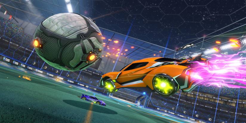 rocket league orange car hitting ball