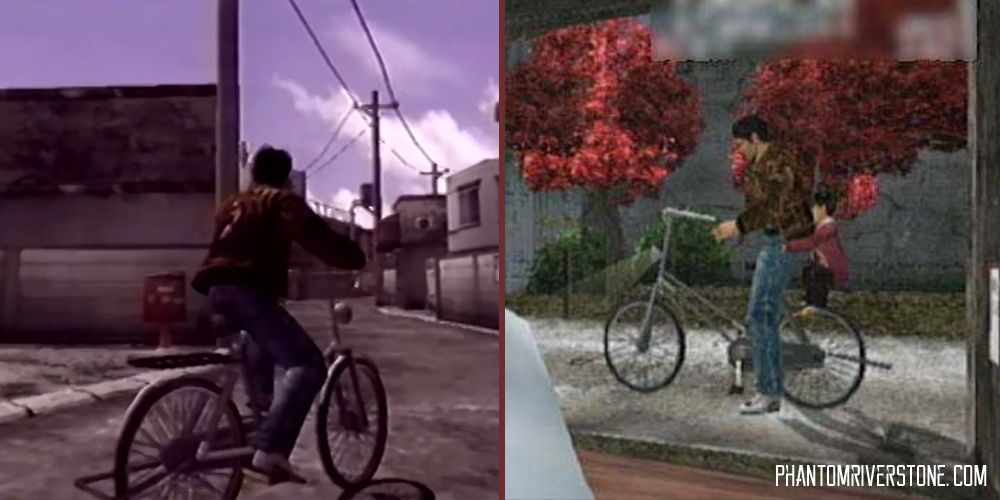 Ryo riding a bicycle in both Shenmue 1 and Shenmue 2