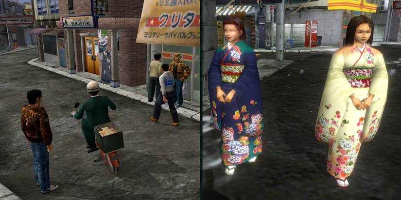 Some of Shenmue's NPCs and two NPCs wearing kimonos at New Year