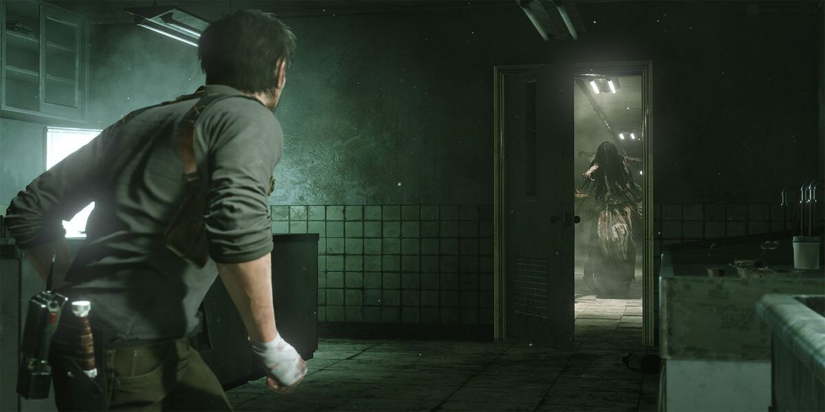 The Evil Within 2 promotional image of enemy coming through door