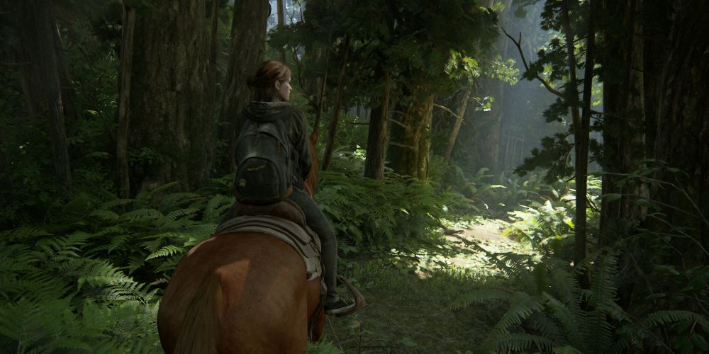 the last of us part 2 ellie on a horse in a jungle