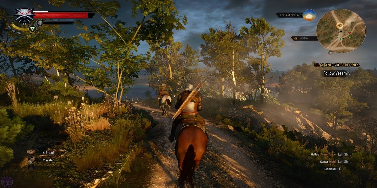 The Witcher 3, player riding through the open world