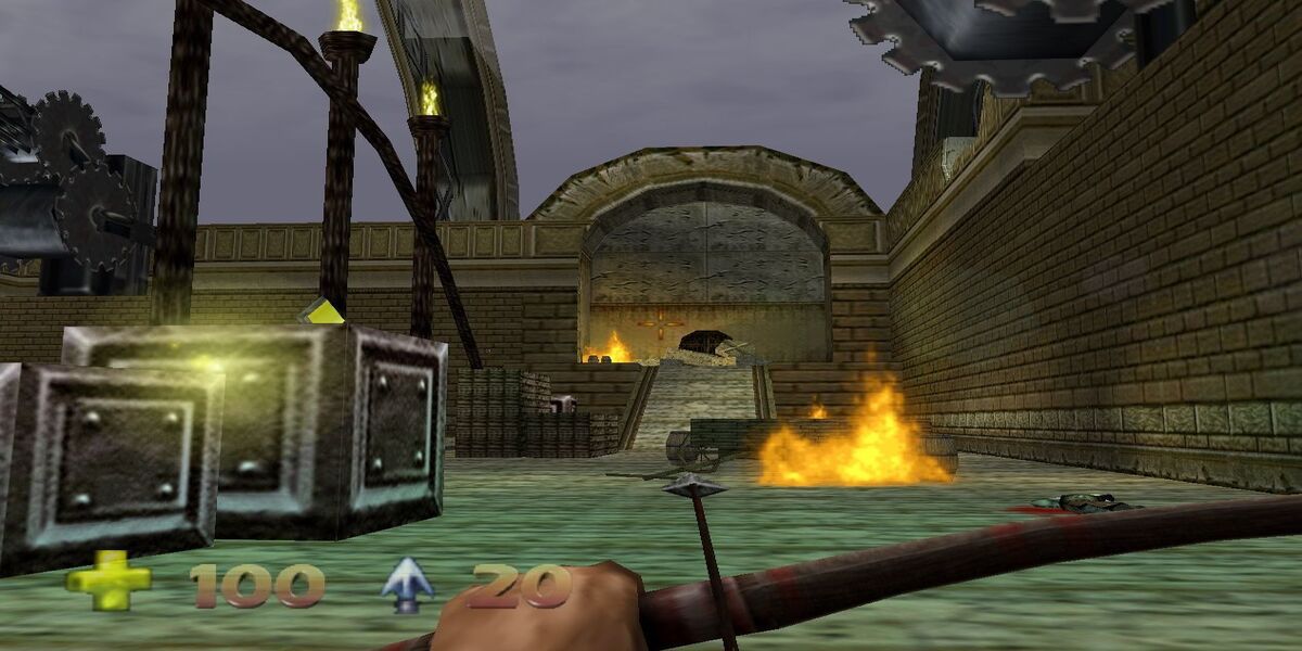 Turok 2 Seeds of Evil N64 aiming arrow in temple setting with fire