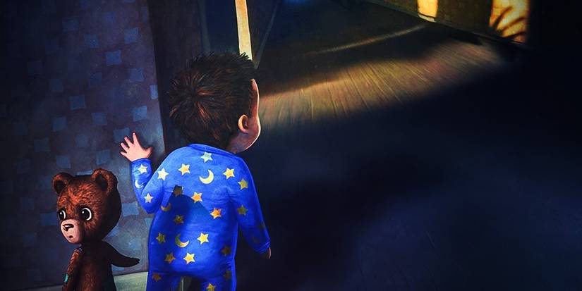 baby and teddy in dark hallway