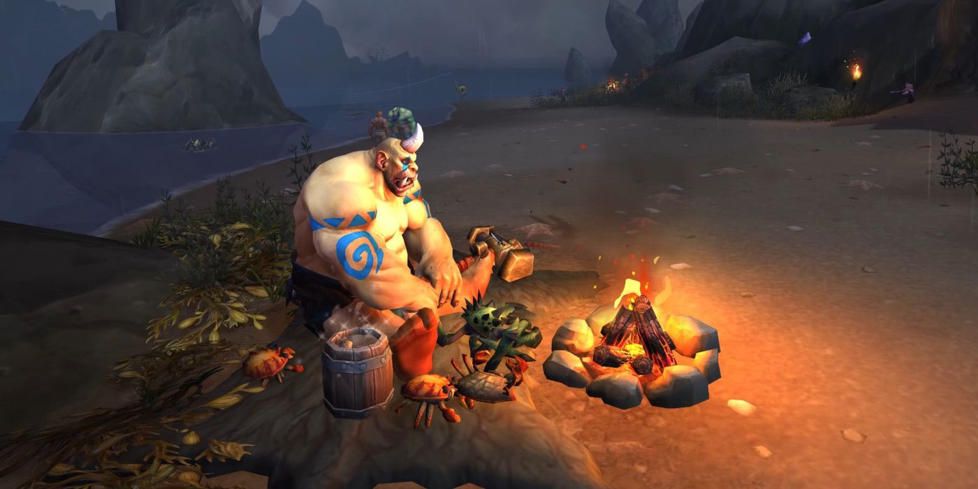 A Blacklands Salvager sits next to a campfire in World of Warcraft: Shadowlands.