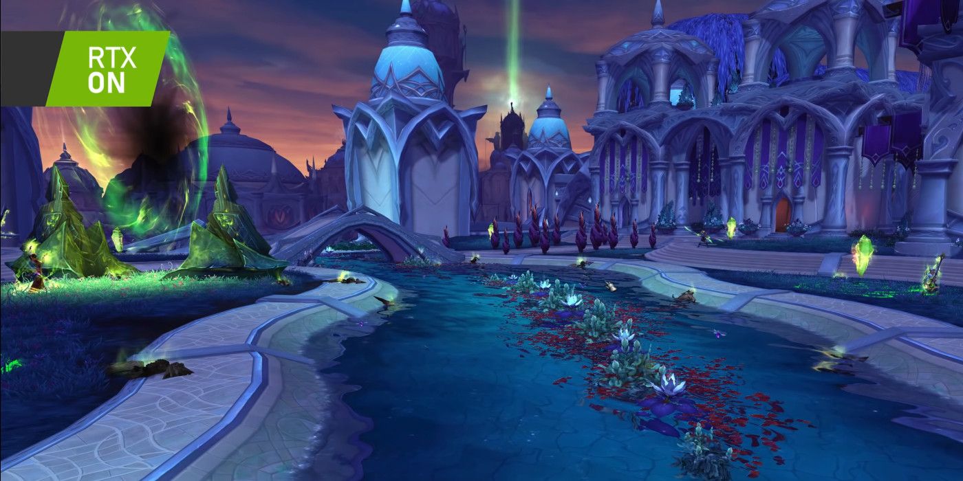 A scene rendered with ray tracing on in World of Warcraft: Shadowlands. A river decorated with flowers flows beneath a bridge at dusk. A warlock opens a green portal nearby. A spire in the distance shoots light into the sky.