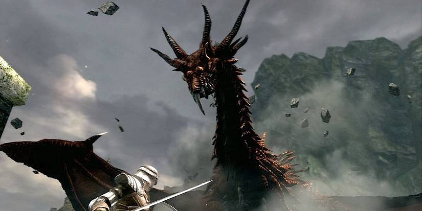 dragon looking down at knight