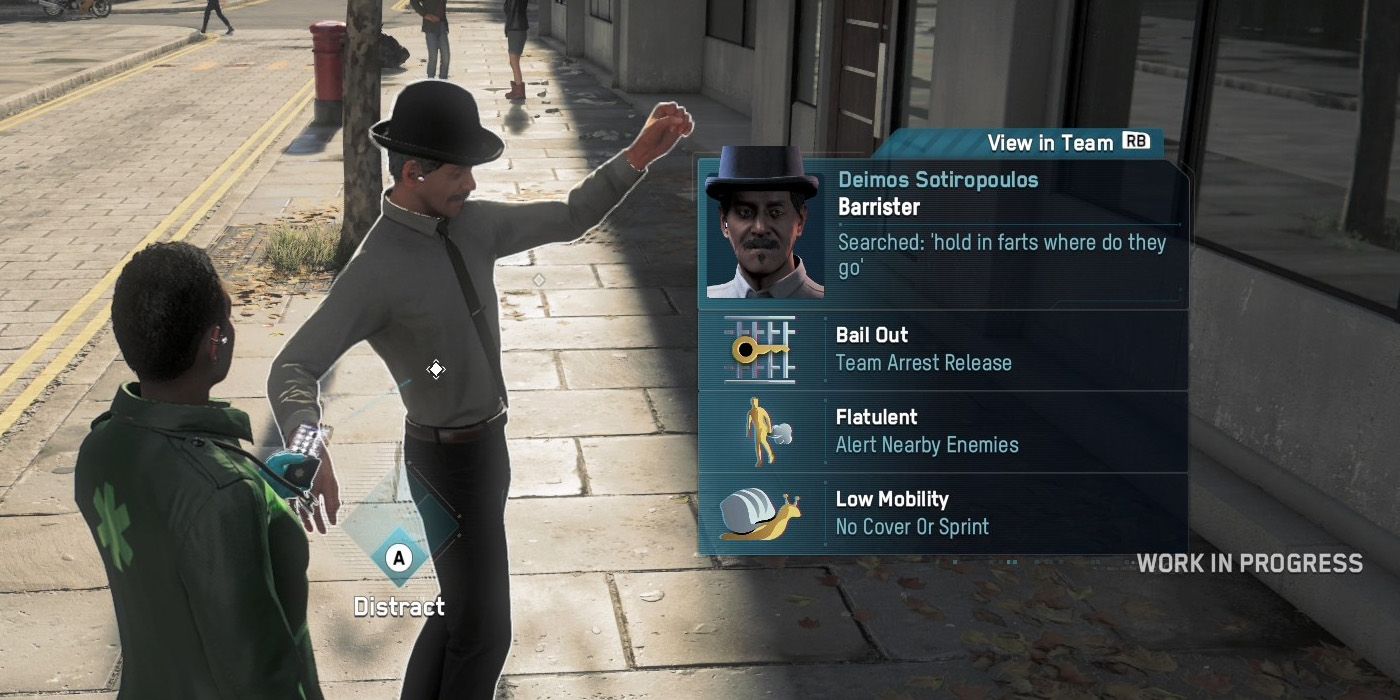 A recruit with Flatulent - Watch Dogs Legion Underrated Operative Perks