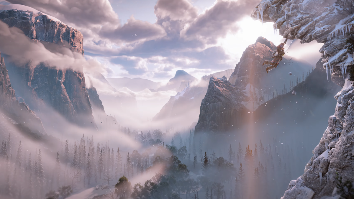 aloy climbing snowy cliffs