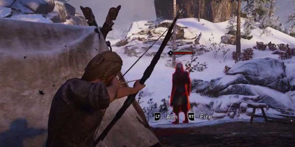 Assassins Creed Valhalla Aiming An Arrow At Guard