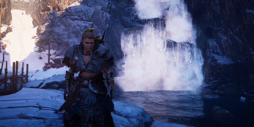 Assassins Creed Valhalla Eivor In Front Of Waterfall In Norway