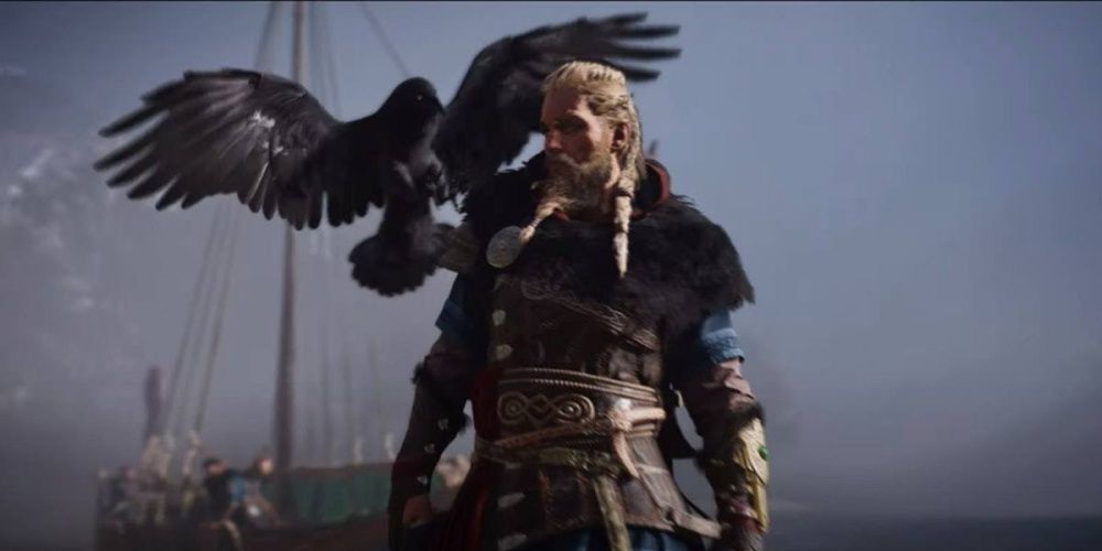 Assassins Creed Valhalla Eivor With Bird Landing On Shoulder