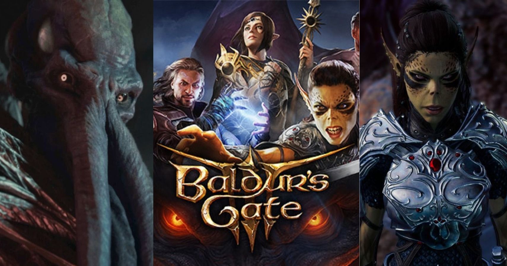 3 piece image. Mind Flayer on the left, poster of Balder's Gate 3 in the middle, Main character on the right