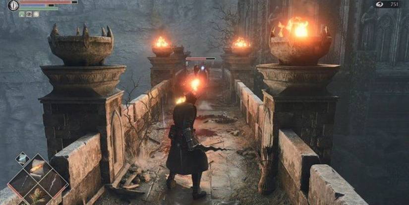 Demon's Souls player fighting Red Eye Knight on Tower wall