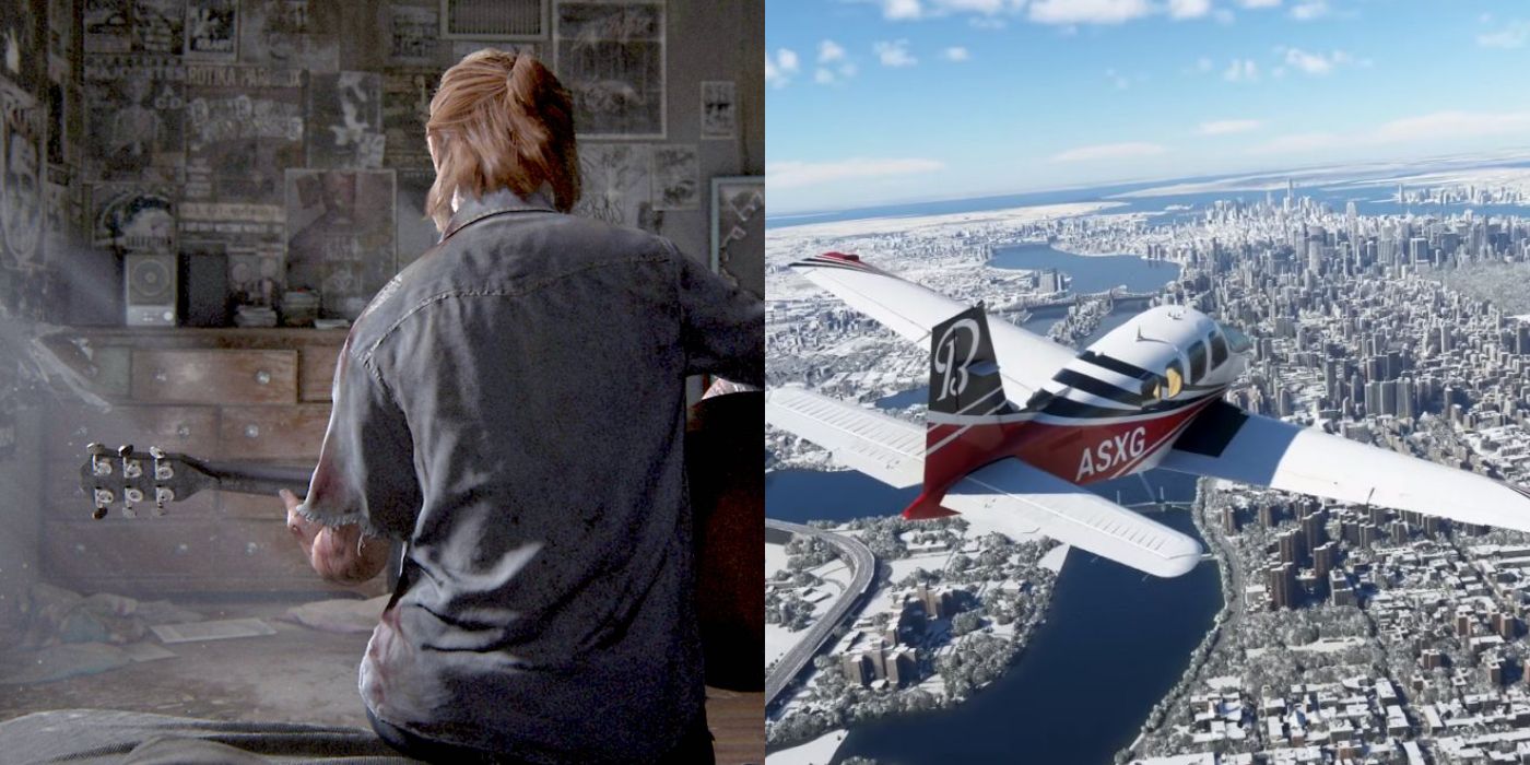 (Left) Ellie playing guitar in the last of us part 2 (Right) Plane flying in Microsoft Flight Simulator