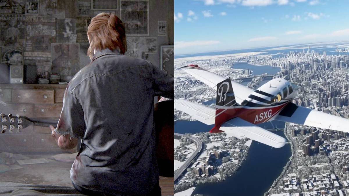 (Left) Ellie playing guitar in the last of us part 2 (Right) Plane flying in Microsoft Flight Simulator