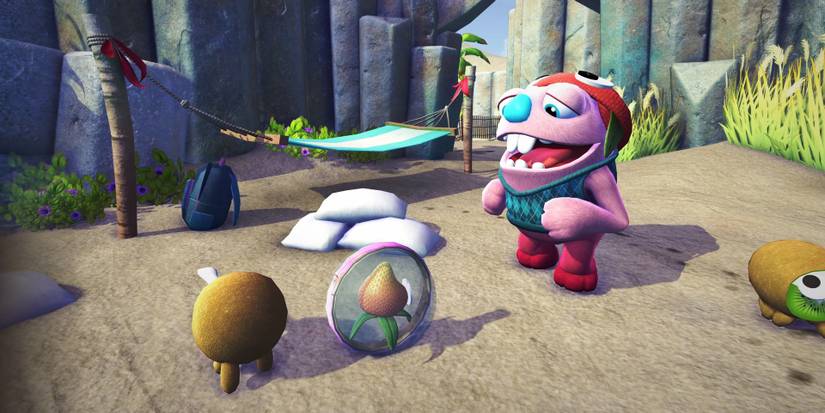 Gramble looking at a Buggy Ball in Bugsnax