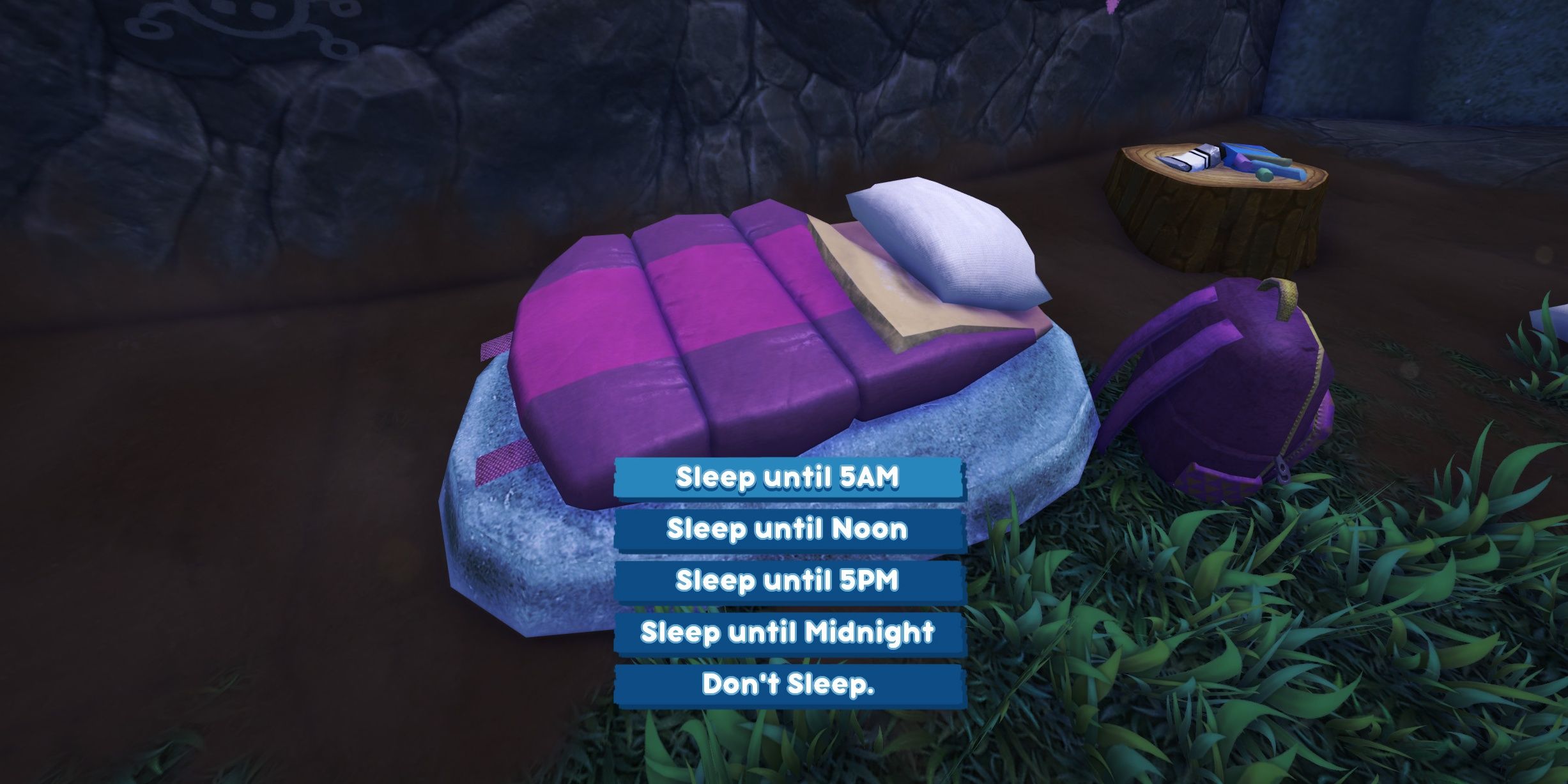 A bed and its sleeping options in Bugsnax