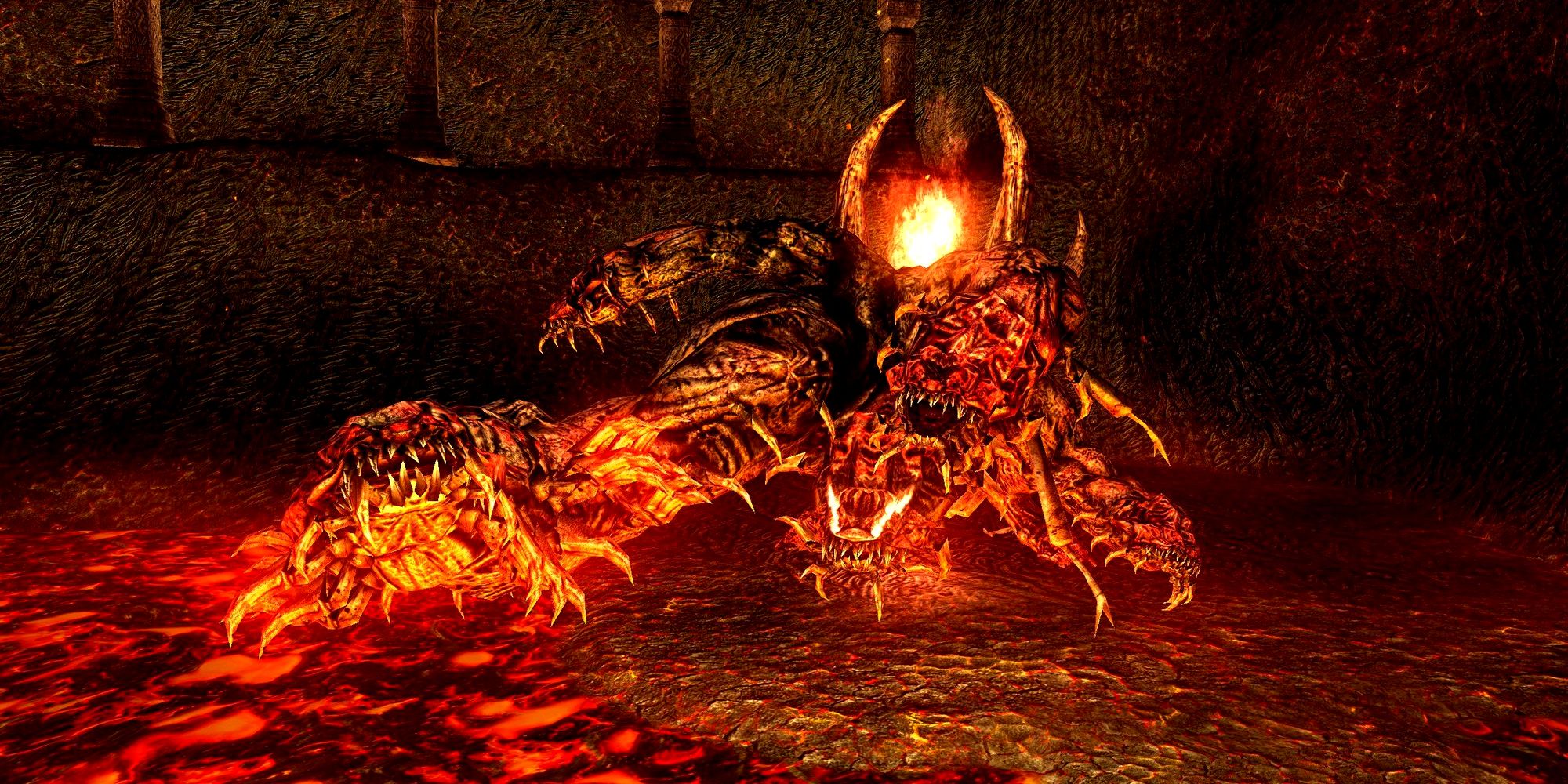 demon composed of centipede parts in a room full of lava