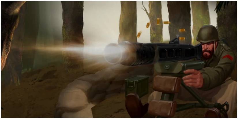 Artwork of a soldier on a machine gun