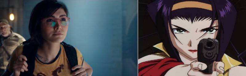 Split photo of actress Daniella Pineda and Faye Valentine from Cowboy Bebop