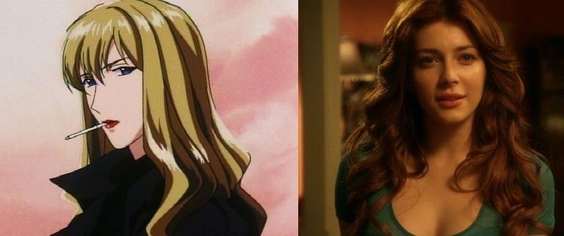 Split photo of Julia from Cowboy Bebop anime and Elena Satine who will play her in live-action version.