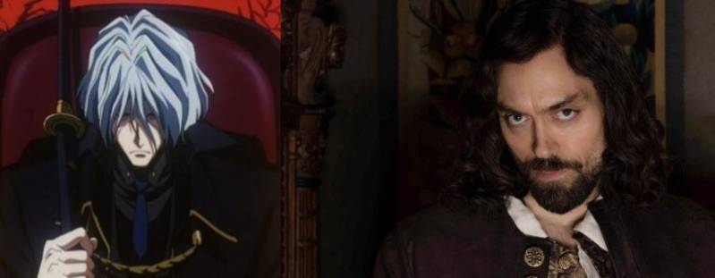 Split image of Vicious from the Cowboy Bebop anime and Alex Hassell who will play him in the live action version.