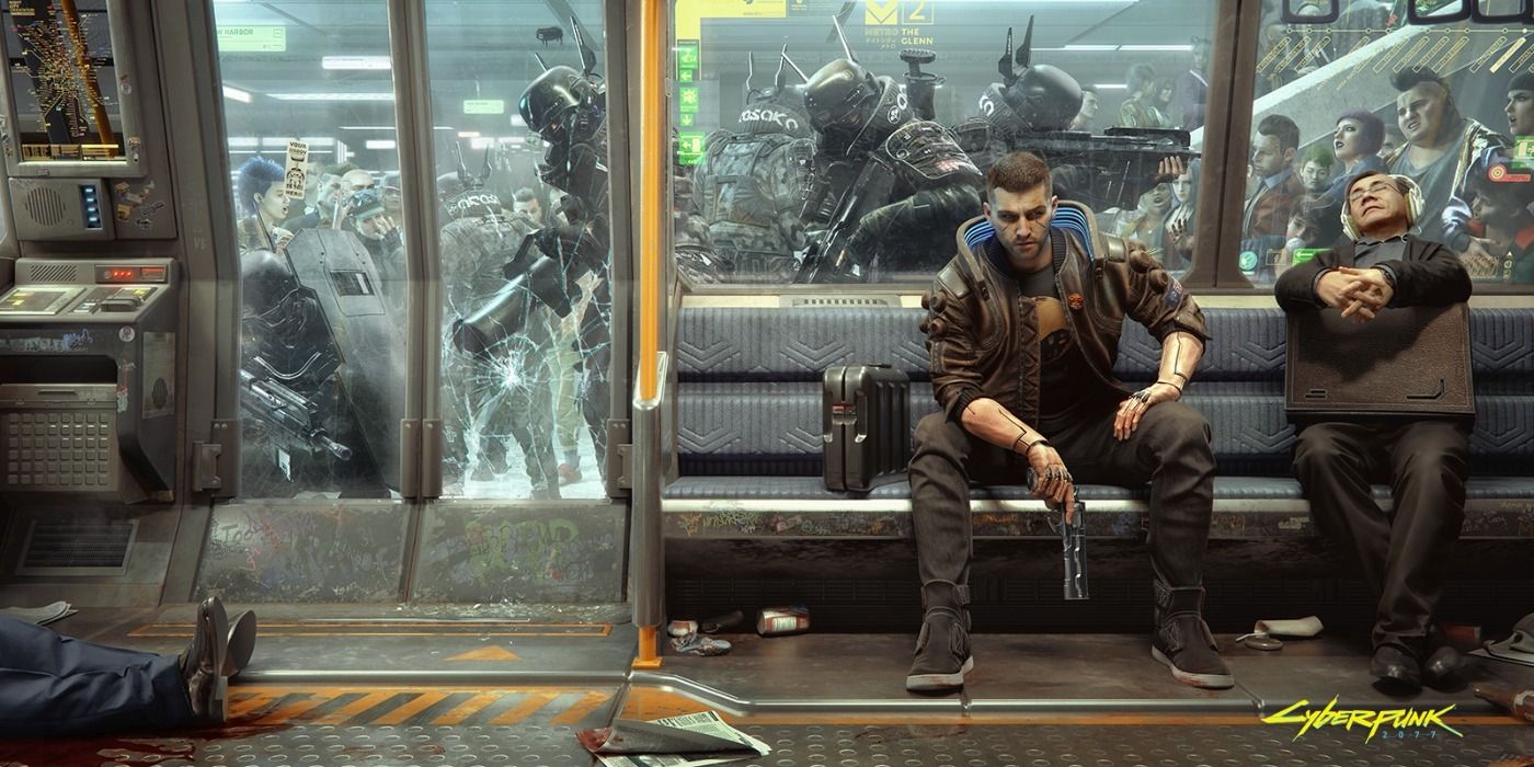 image of the Cyberpunk 2077 character sitting on a train