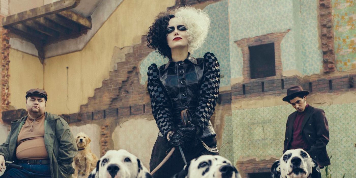 Cruella walks the three dalmatians