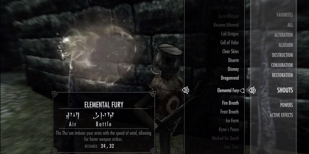 Elemental Fury highlighted in Shout menu in Skyrim